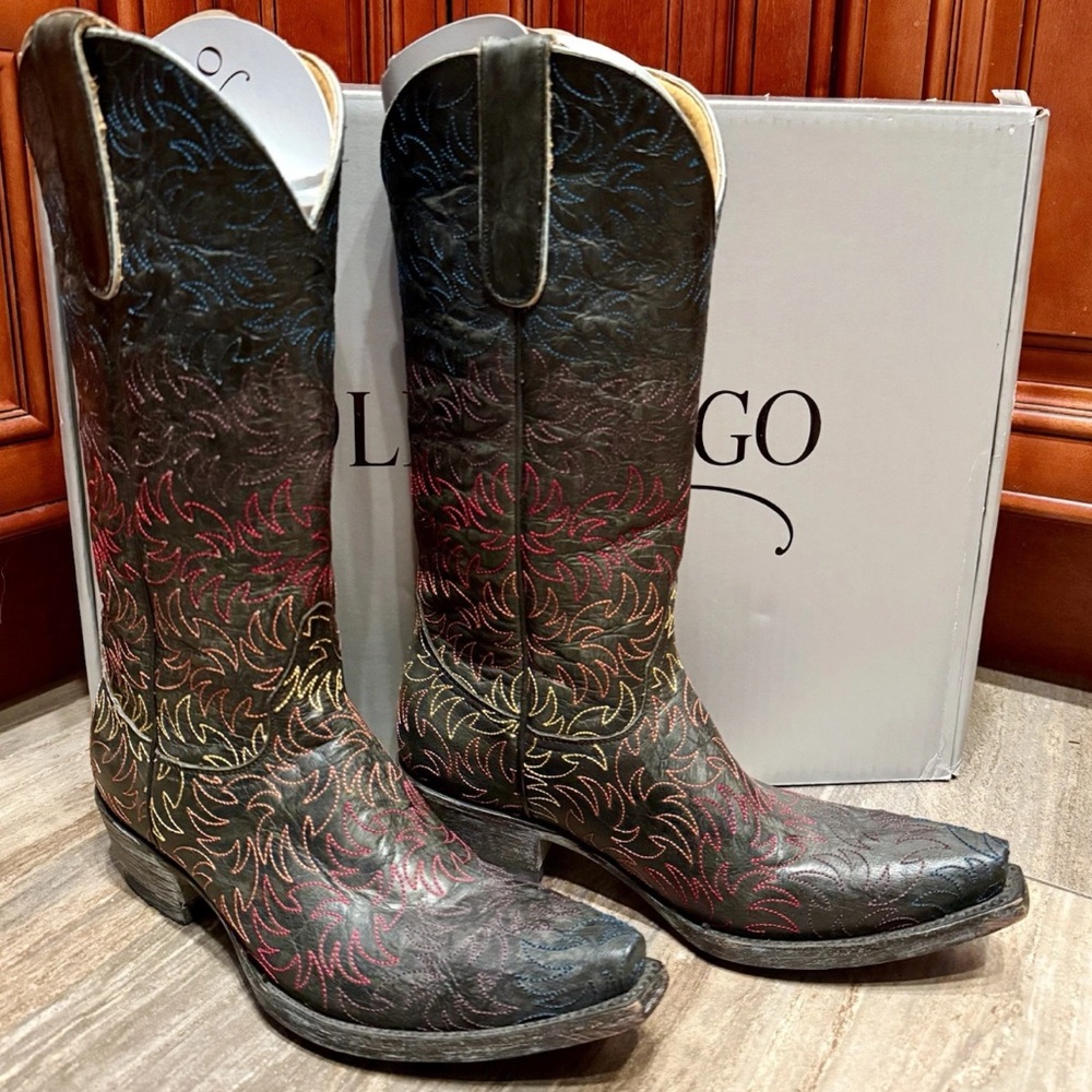 Old Gringo Cowboy Boots Rainbow Embroidered Black Western Rodeo Wedding 7 RARE